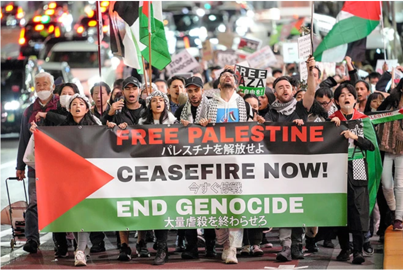 A free Palestine protest taking place in Tokyo.